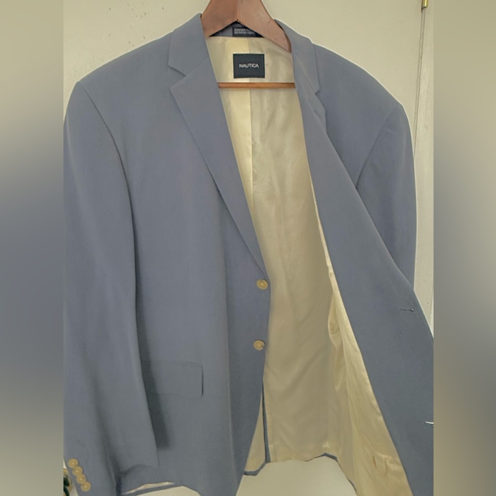 Vintage Nautica Men's 100% Silk Blue Gray Sport Coat 48R 2 Button Blazer EUC